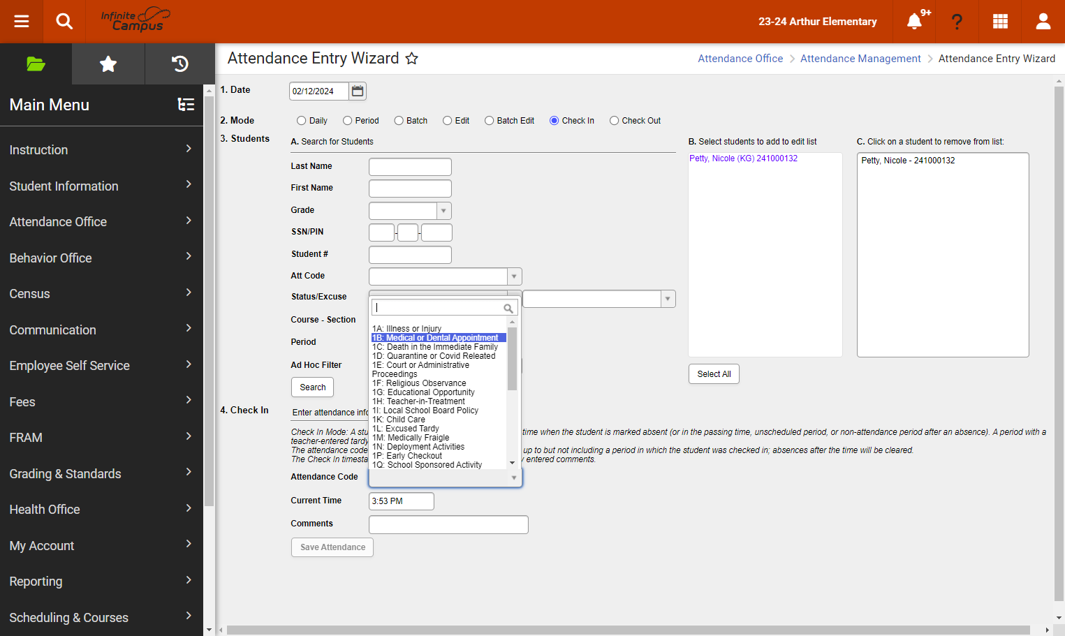 In the Check In section, select the Attendance Code from the dropdown list.