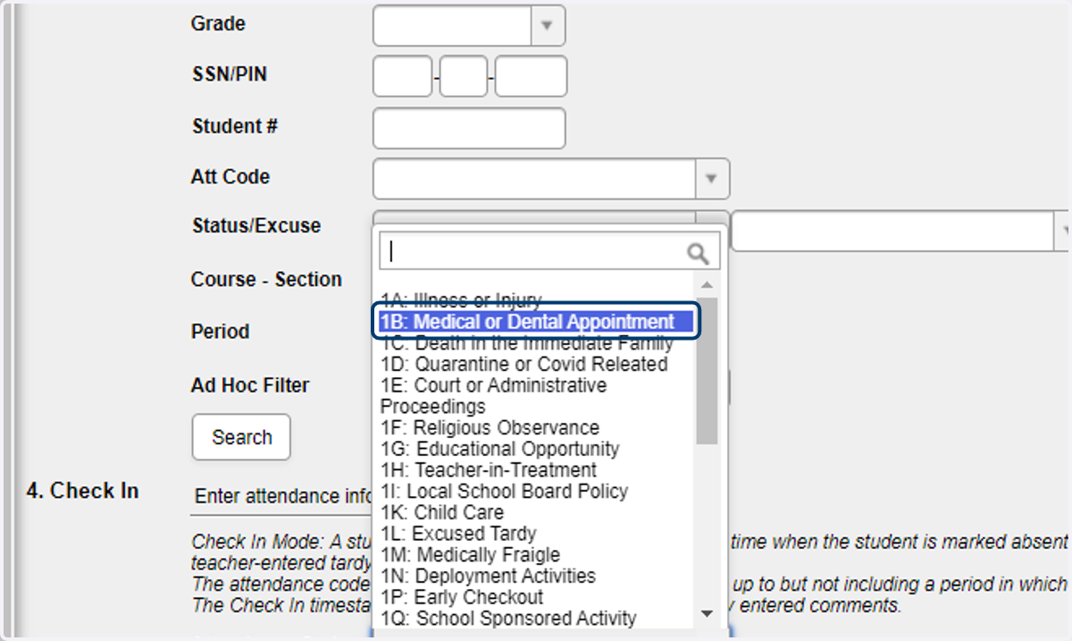In the Check In section, select the Attendance Code from the dropdown list.