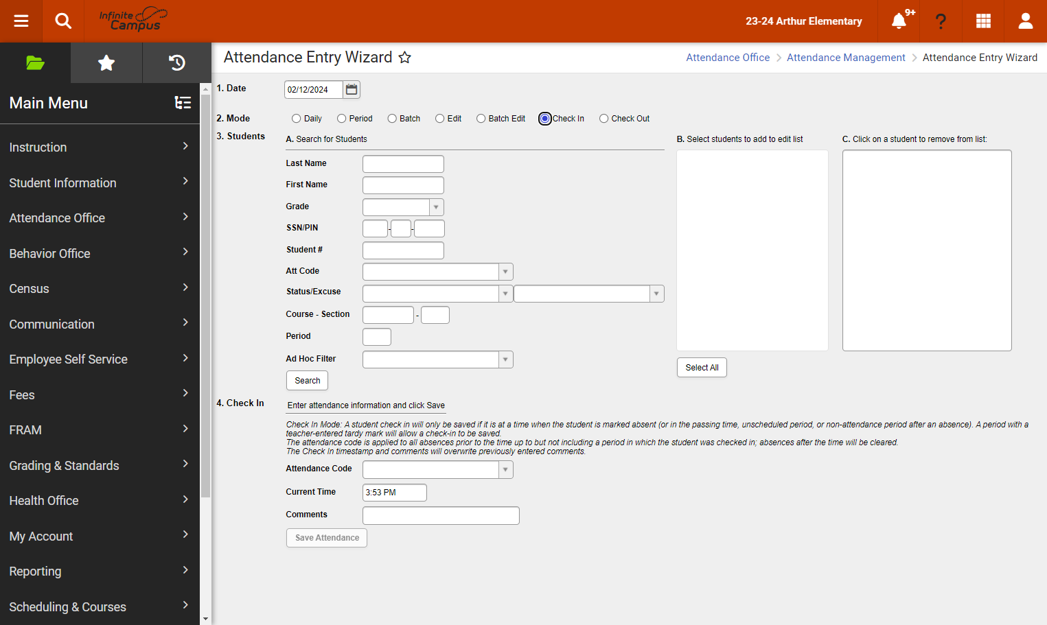 Select the Check In mode radio button.