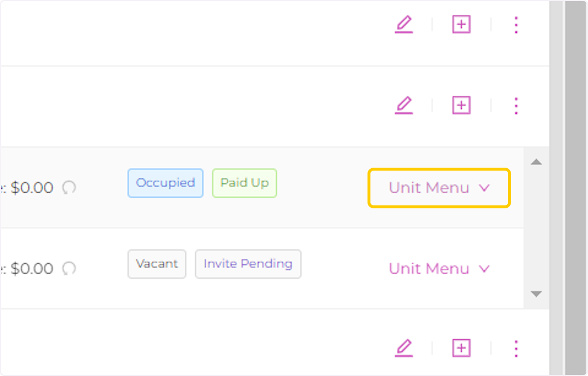 Locate the unit you want to edit and click "Unit Menu"