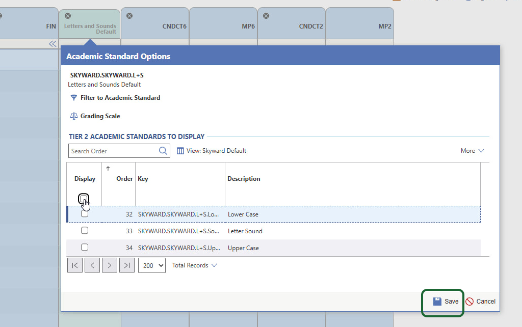 Click the Display checkbox to add the lowercase, sounds, and uppercase letter columns. Then click Save.