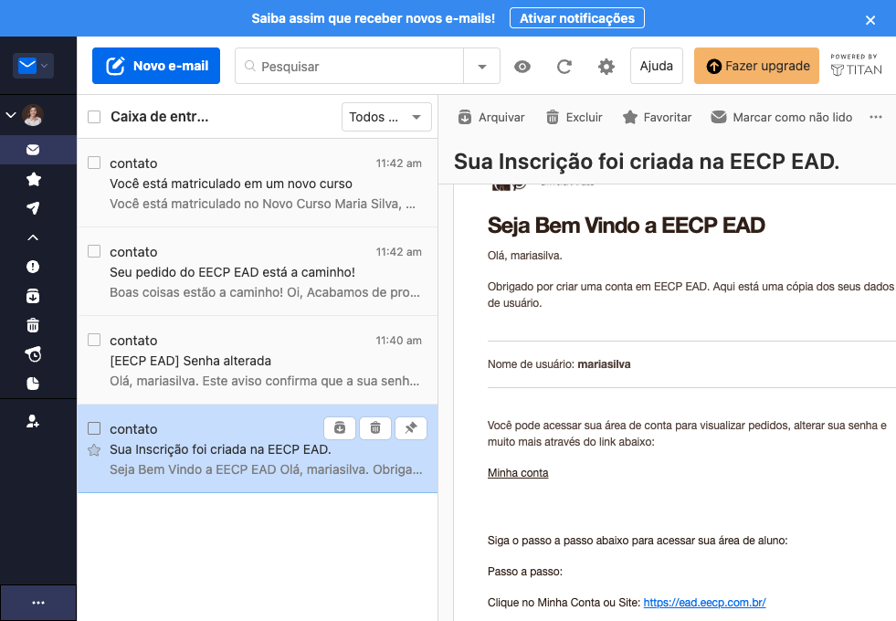 Acesse o e-mail a sua Inscrição foi criada na EECP EAD.