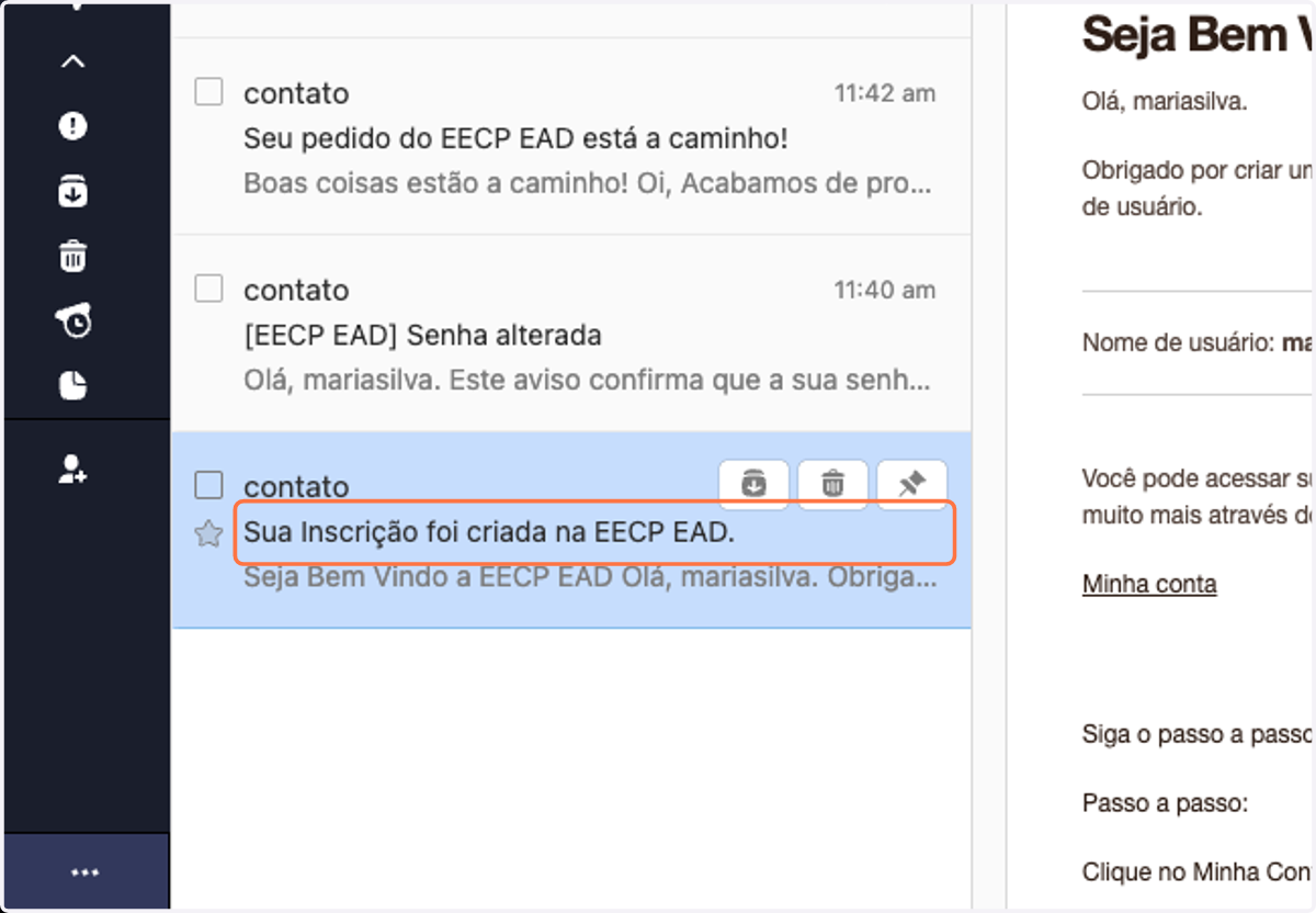Acesse o e-mail a sua Inscrição foi criada na EECP EAD.
