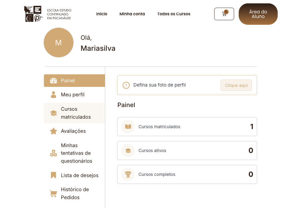 Clique em Cursos matriculados