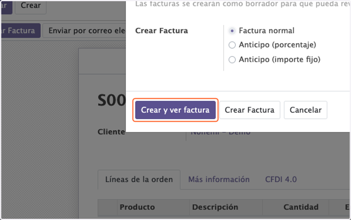 Click en Crear y ver factura (Siempre debe de estar seleccionado Factura Normal)