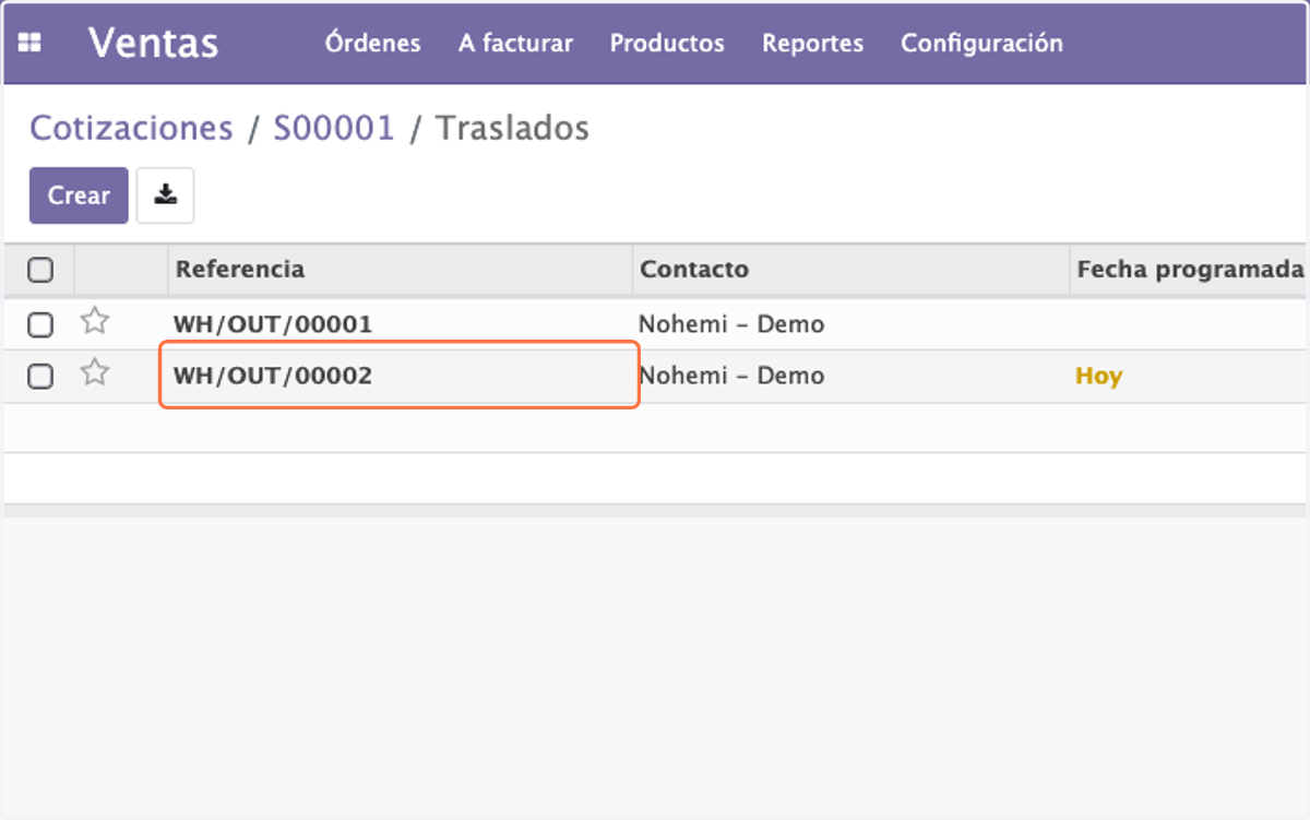Click en la Referecia que aparezca como Listo, en este caso WH/OUT/00002