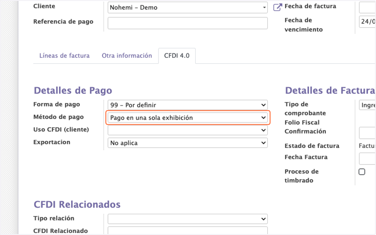 Seleccione el Método de pago