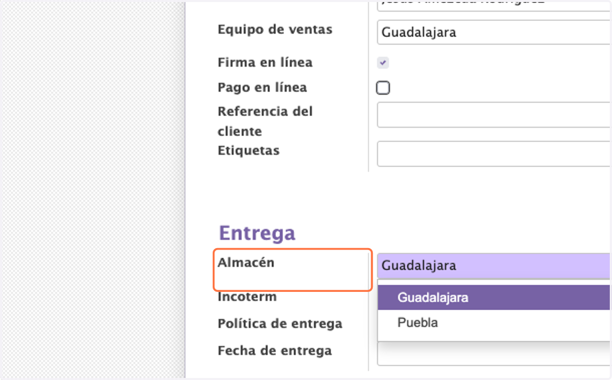 En Entrega seleccione el almacén donde se encuentra su producto a vender