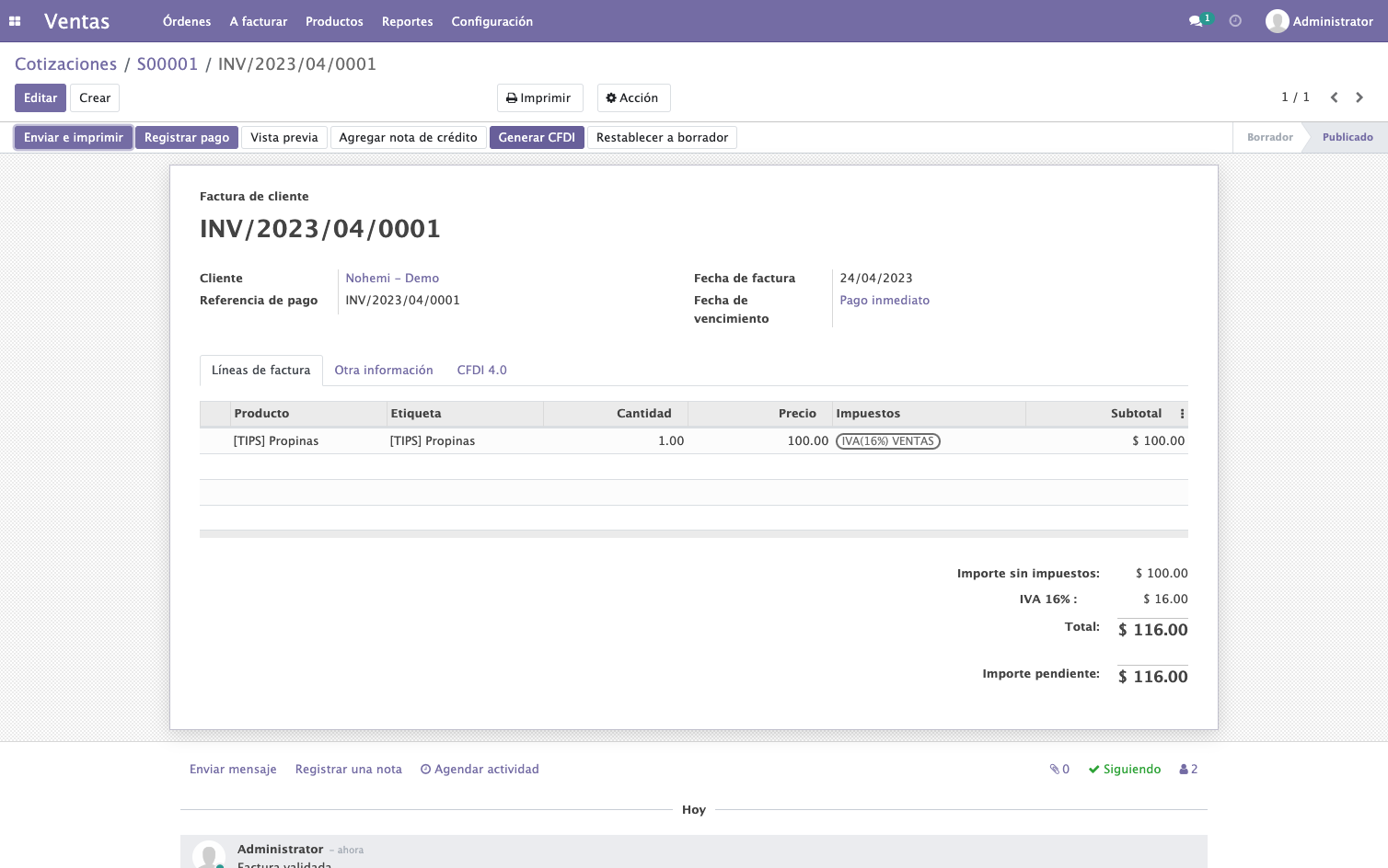 Para timbrar la factura Click en Generar CFDI