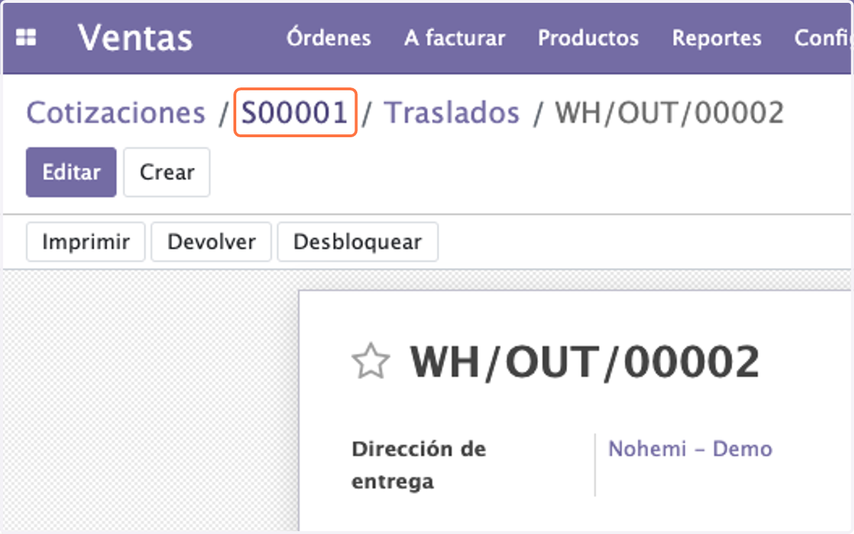 Regrese al Pedido de Compra dando Click (siempre inicia con S seguido de un numero consecutivo) en este caso es S00001