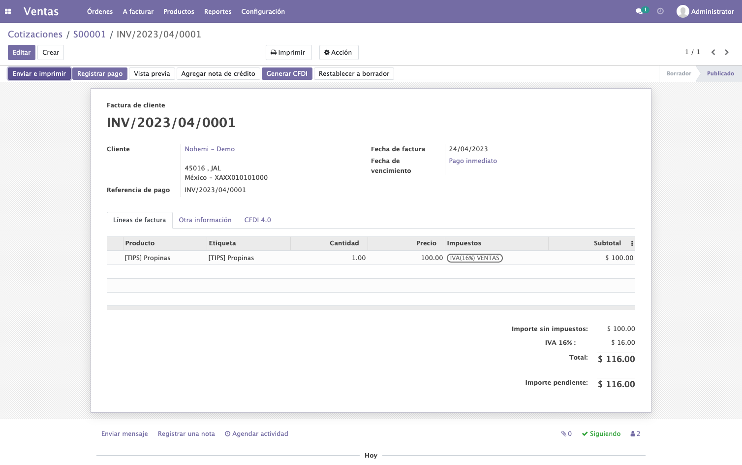 Por ultimo enviaremos la factura al cliente dado click on Enviar e imprimir