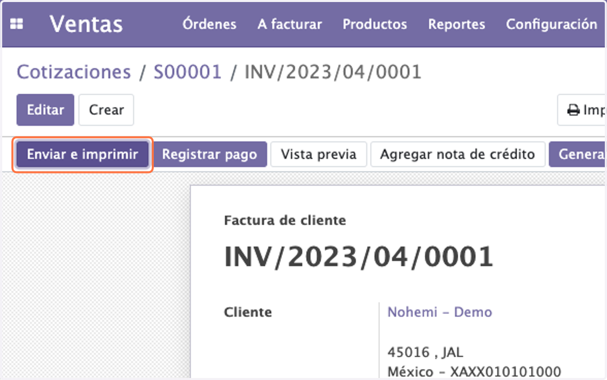 Por ultimo enviaremos la factura al cliente dado click on Enviar e imprimir