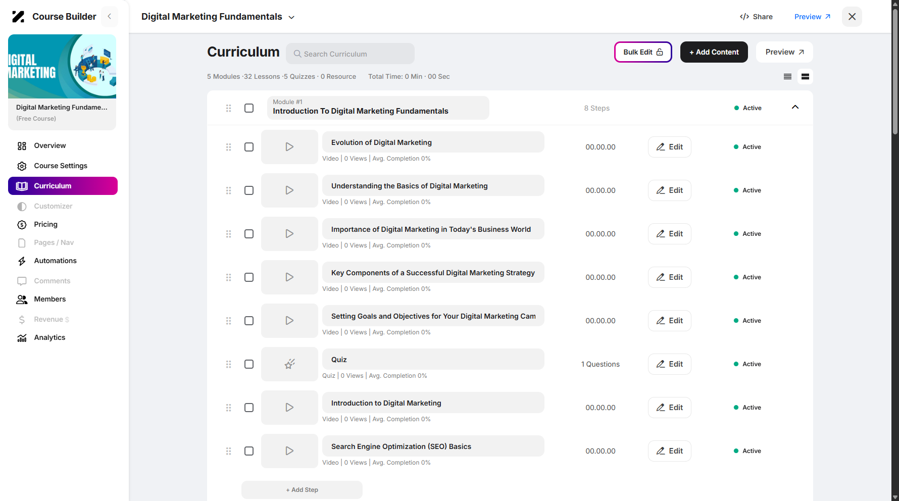 Step 9: Once enabled, you can start selecting the modules or lessons.