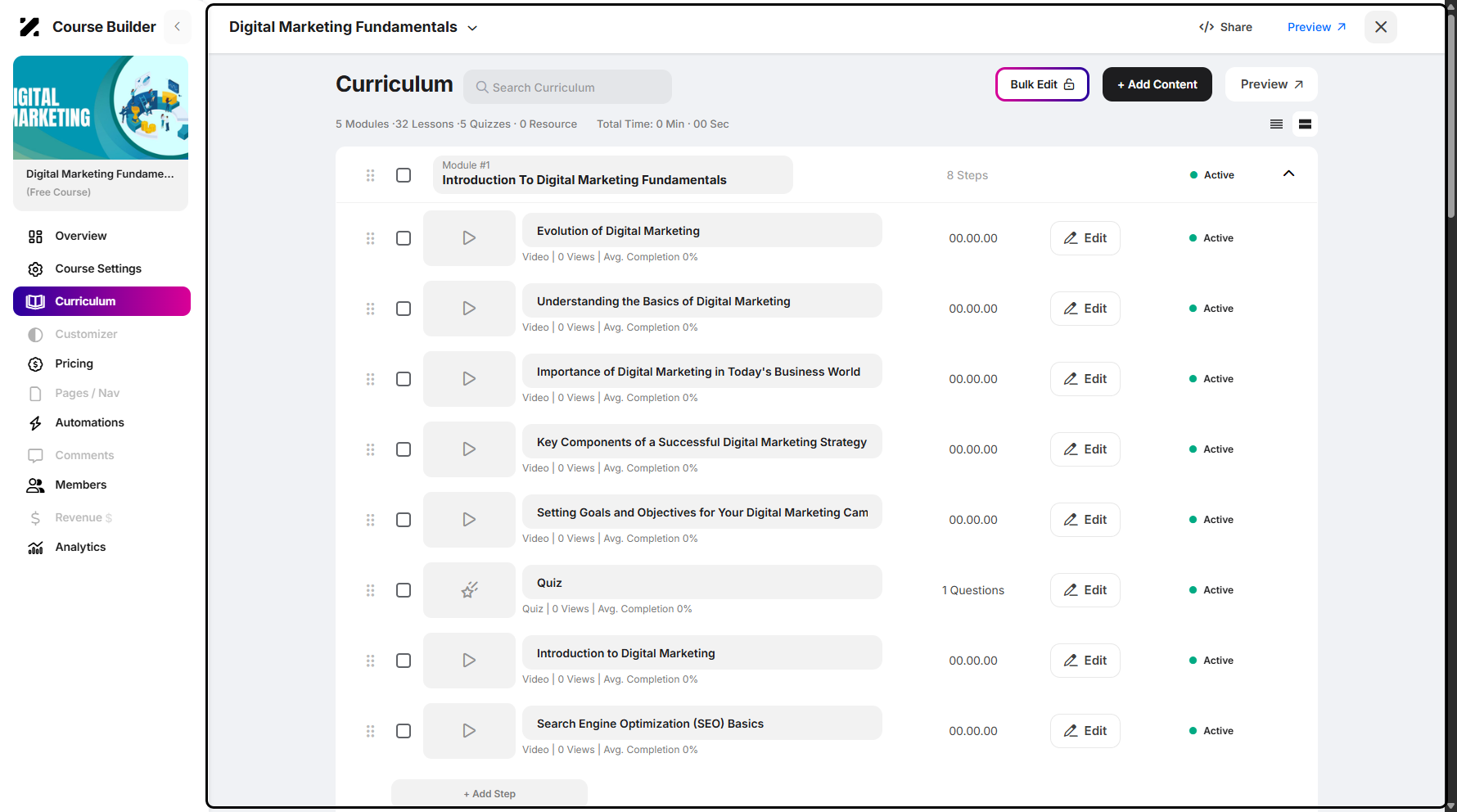 Step 9: Once enabled, you can start selecting the modules or lessons.