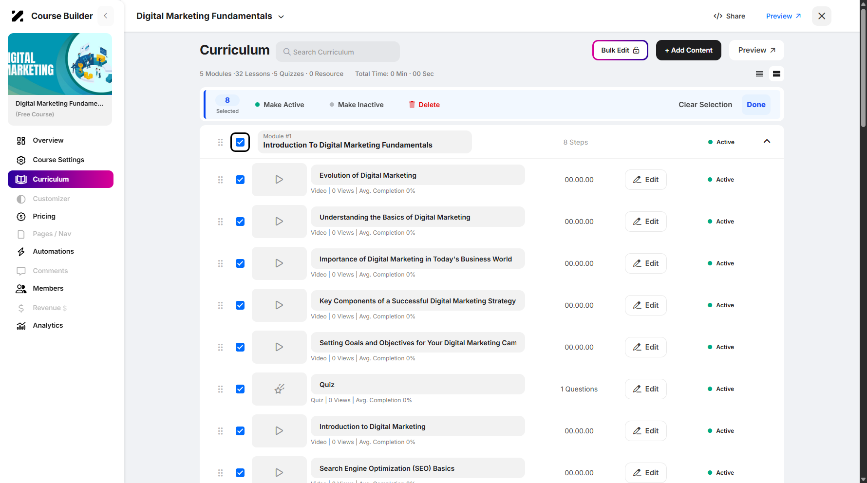 Step 10: To select, simply click the checkboxes. You can also click a module’s checkbox to instantly select all steps or lessons under it.