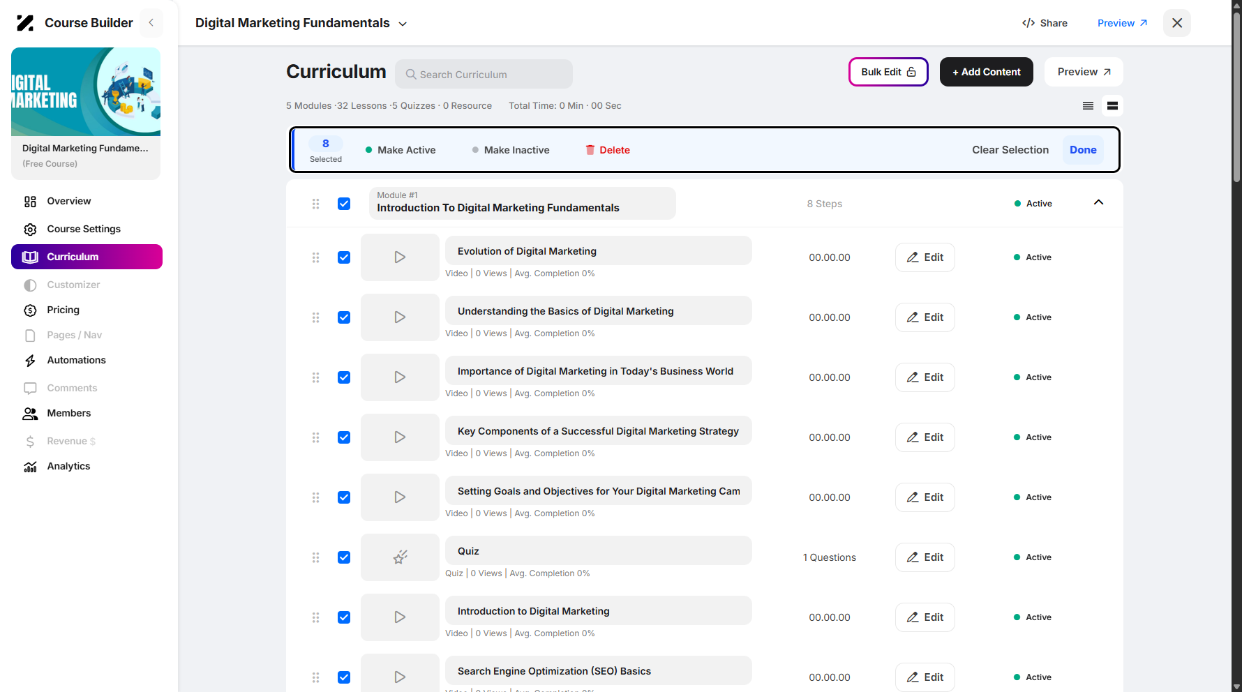 Step 11: You can now set all your selected modules or lessons to Active or Inactive. You can also delete them all at once.