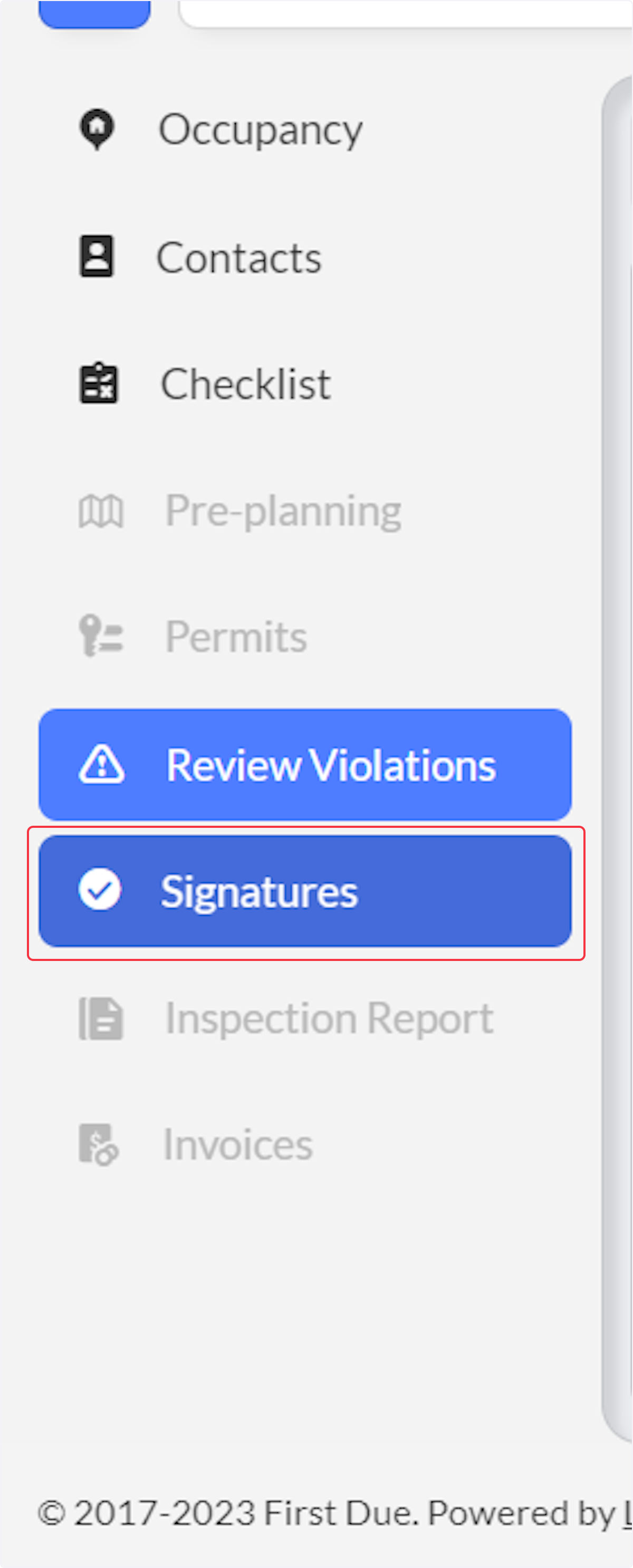 Click on Signatures and enter signatures as required for the Inspection.