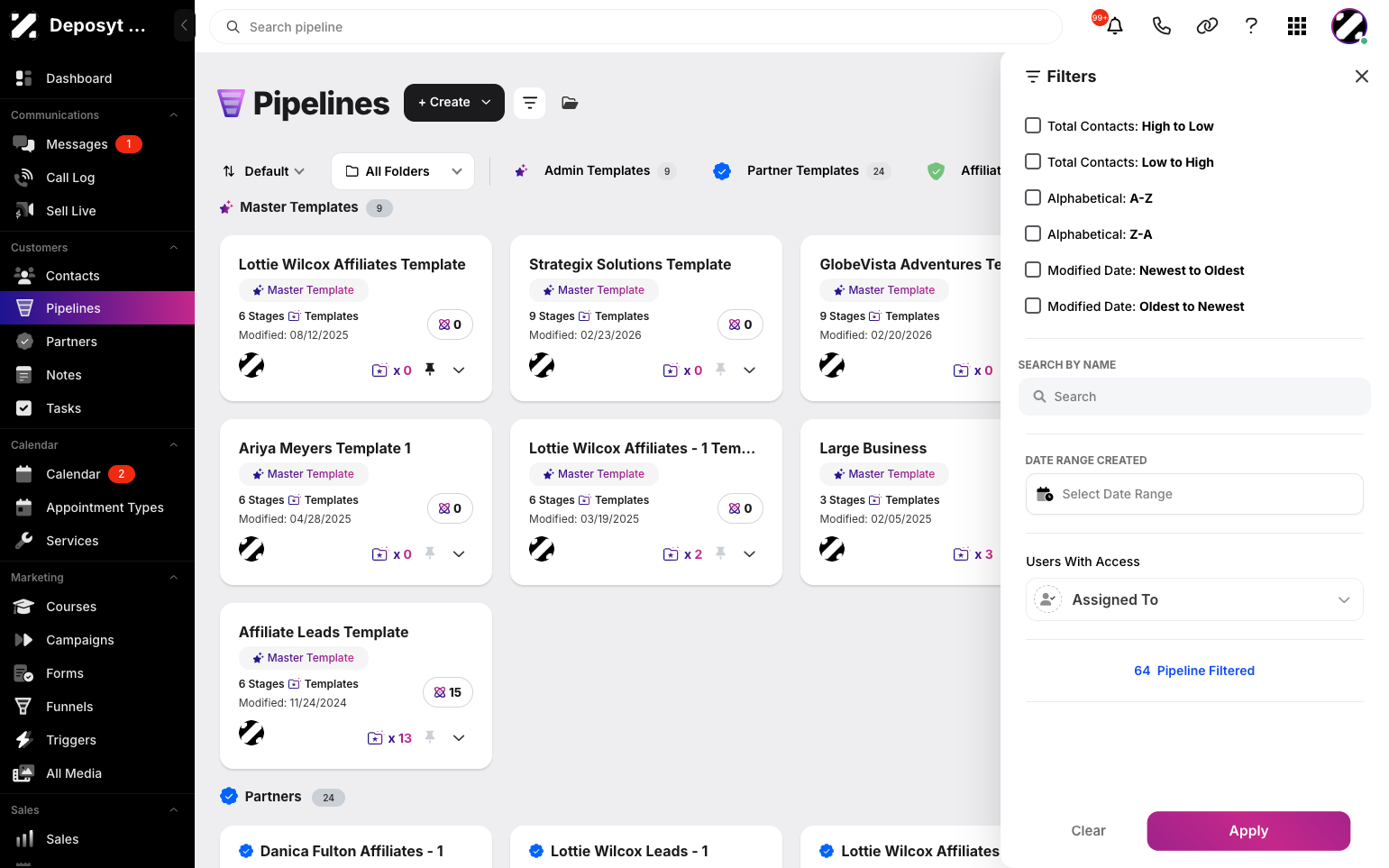 Step 4: You can also search by name, the date range the pipeline was created, or select users assigned to a pipeline. Then, just click Apply to apply the filter.