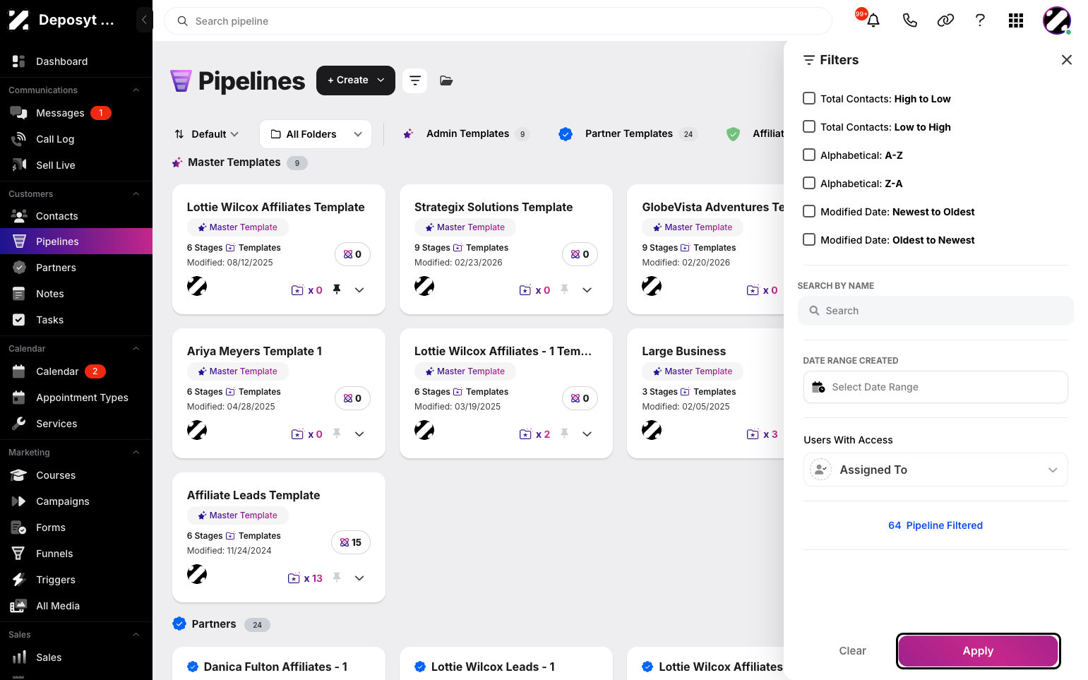Step 4: You can also search by name, the date range the pipeline was created, or select users assigned to a pipeline. Then, just click Apply to apply the filter.