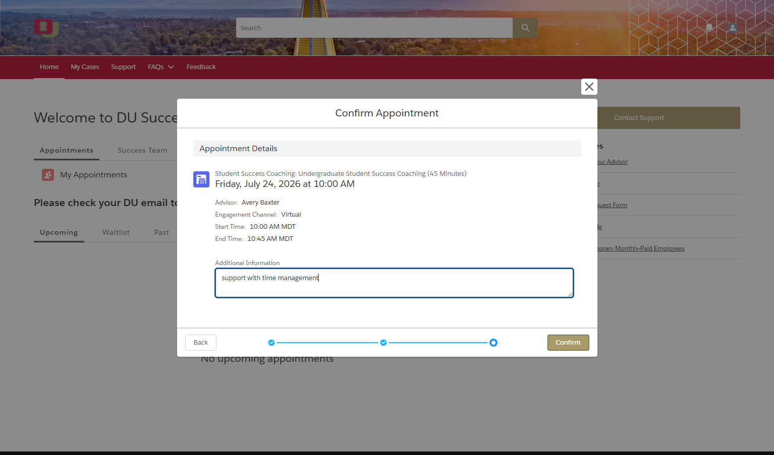 The details of the pending appointment are shown. Optionally, add a note for the advisor in the Additional Information field.