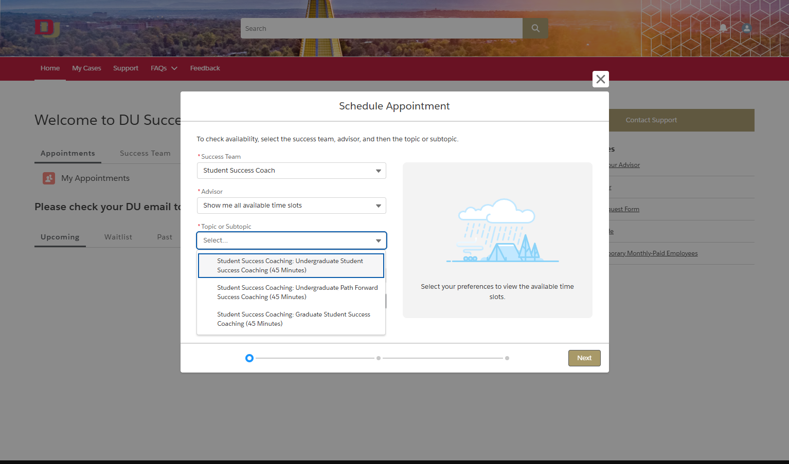 Under 'Topic or Subtopic,' select which appointment fits your student type.