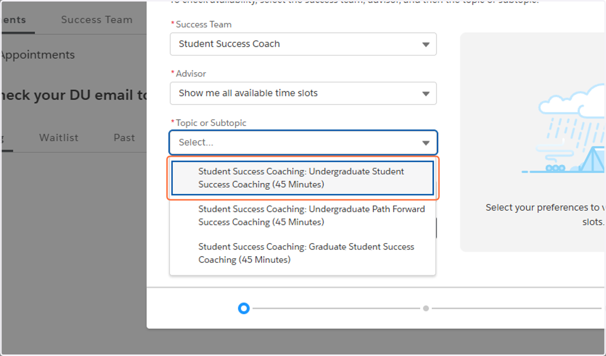 Under 'Topic or Subtopic,' select which appointment fits your student type.
