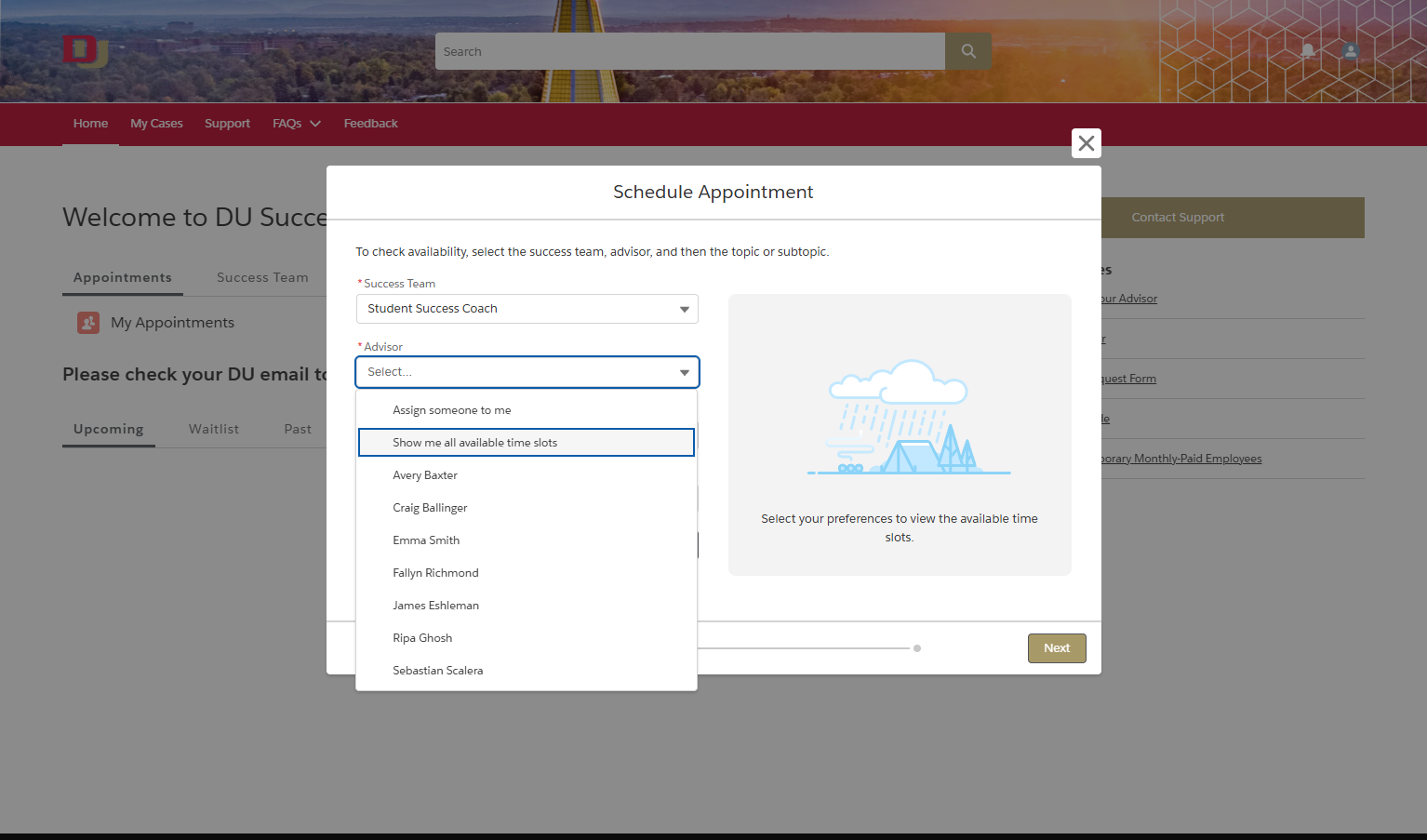 Under the 'Advisor' drop down menu, click 'Show me all available time slots' or select the individual coach you would like to book with