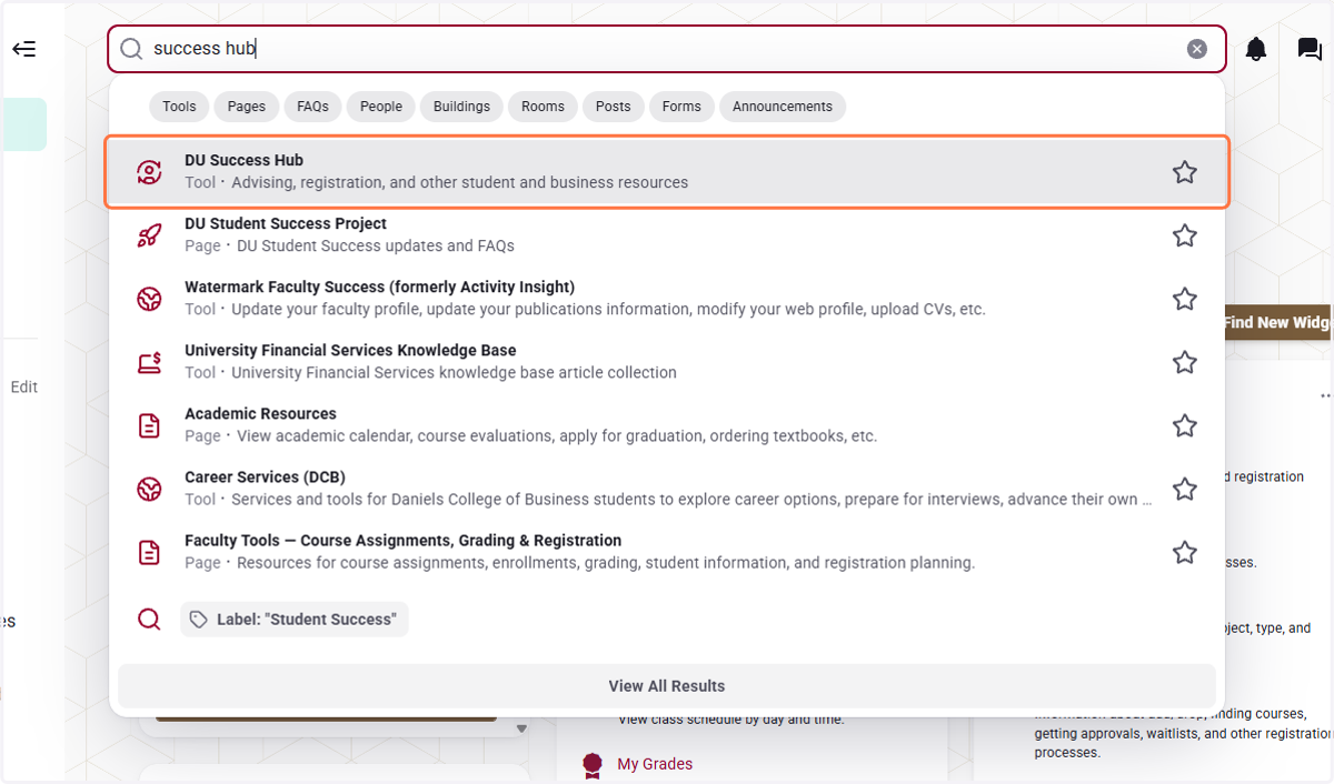 To schedule an appointment with a Student Success Coach, go to DU Success Hub. You can always find the link by using the search bar in My4D. A new browser window will appear after clicking the success hub button.
