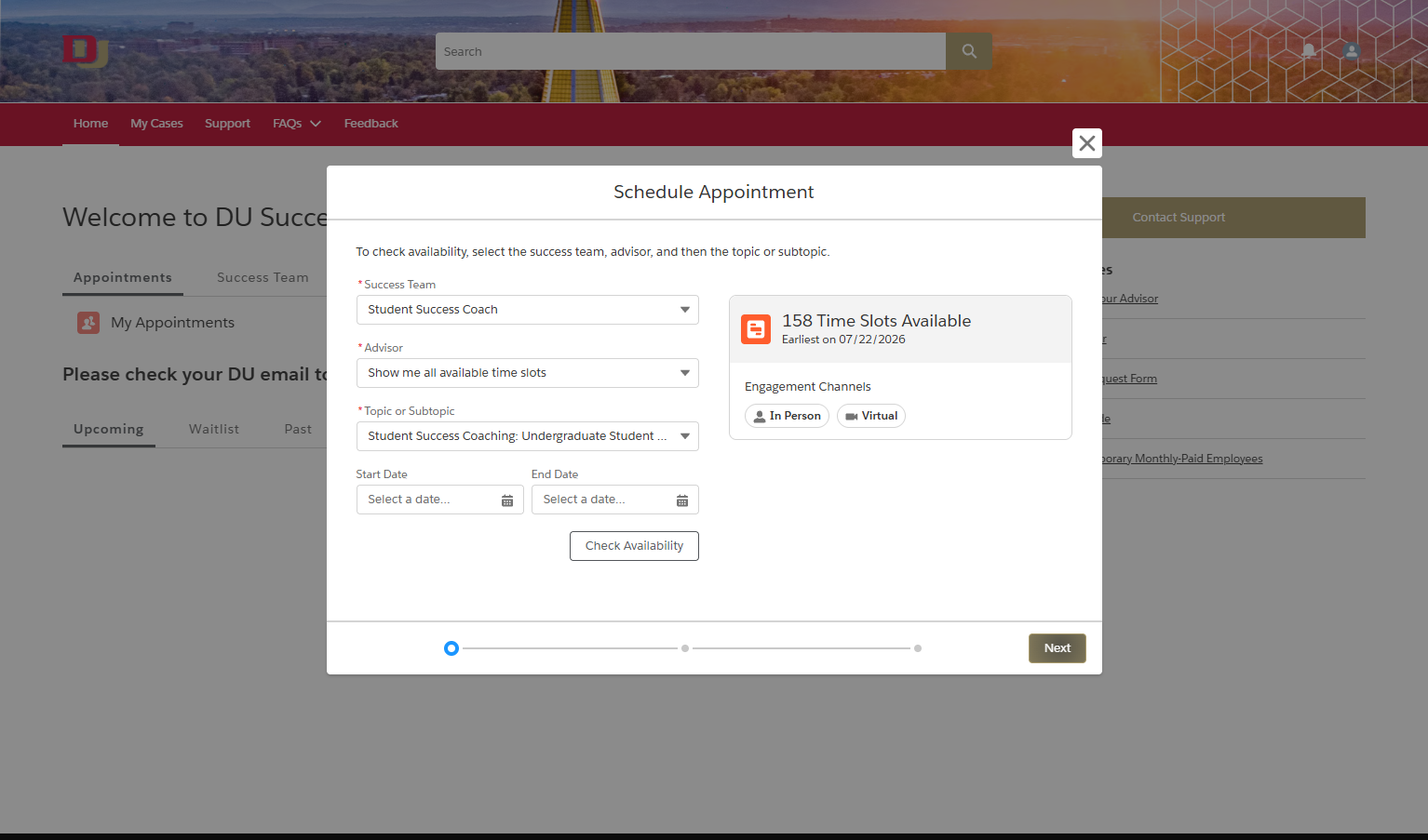 We can see there are time slots available with options for In Person or Virtual appointments. Click the Next button to continue scheduling.