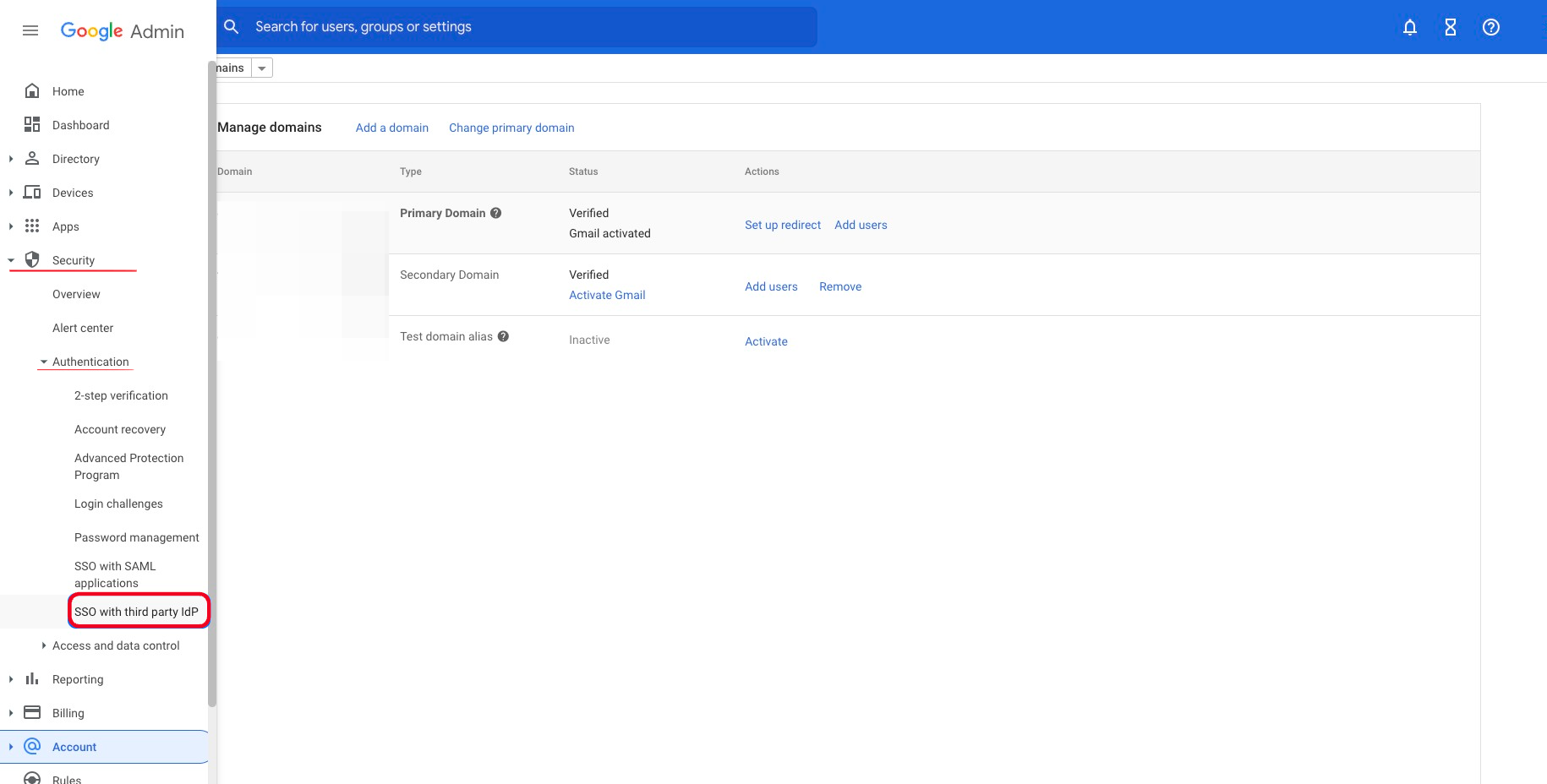 Security > Authentication > SSO with third party IdP