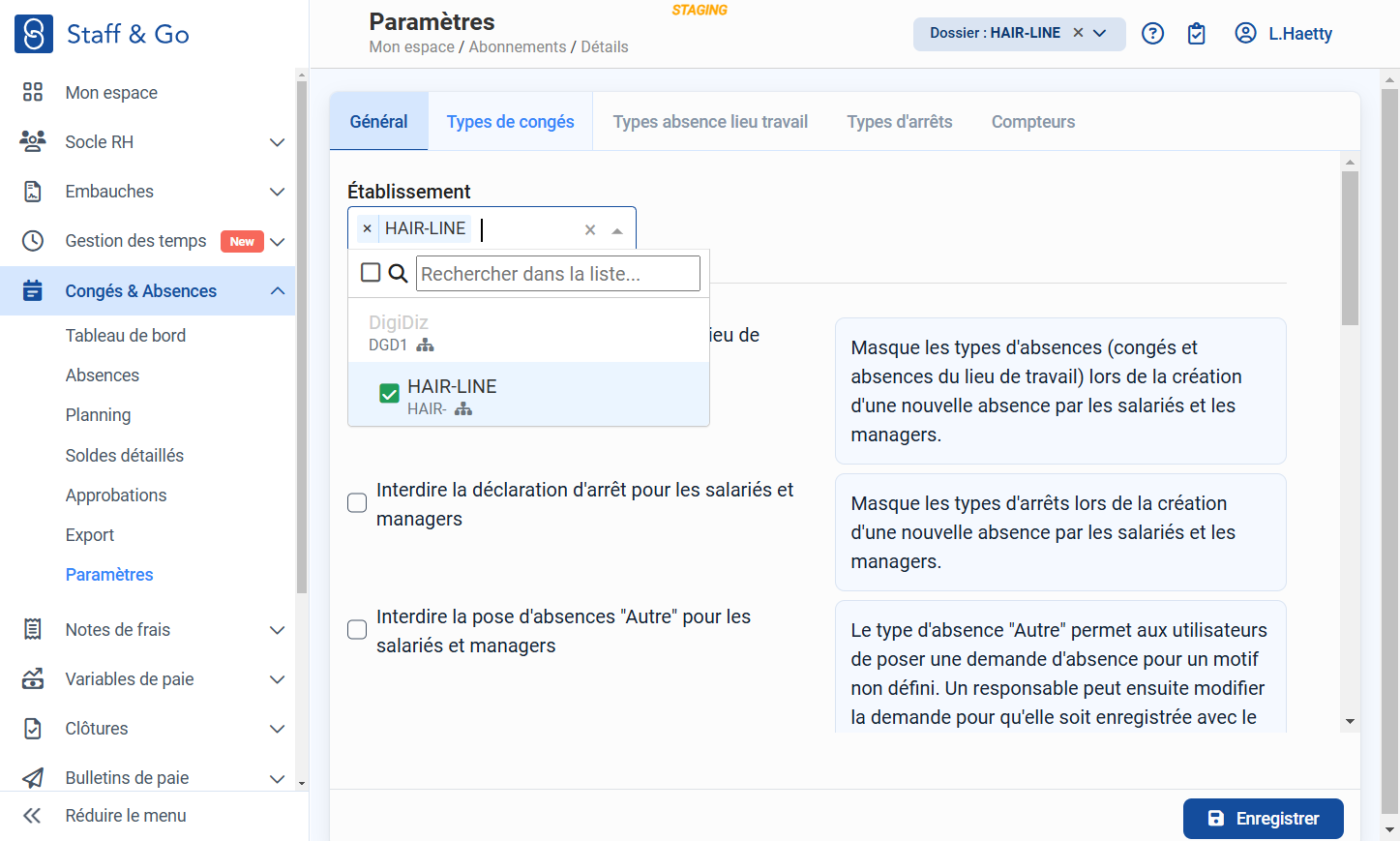 Cliquer sur "Types de congés".