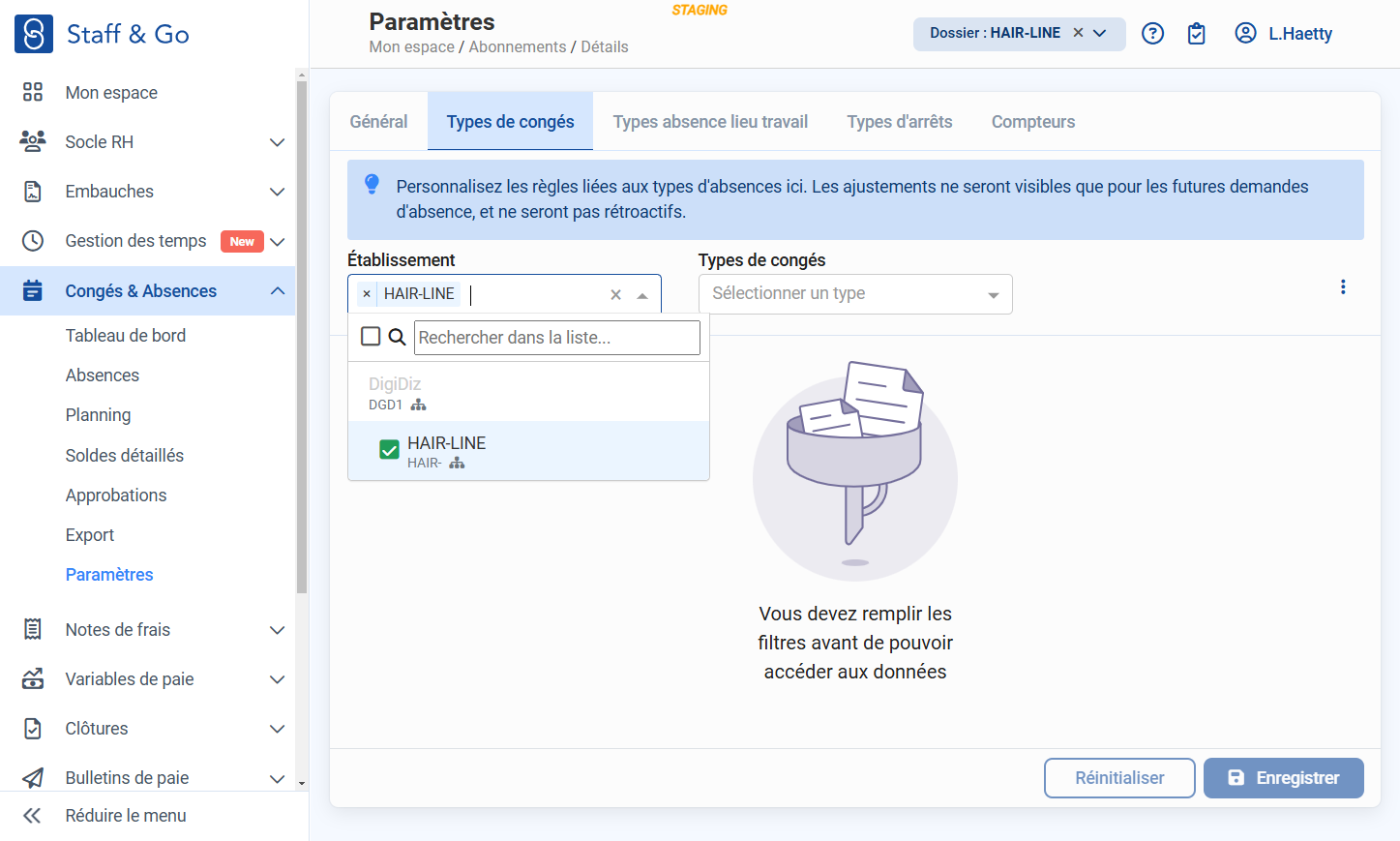 Choisir l'établissement concerné.
