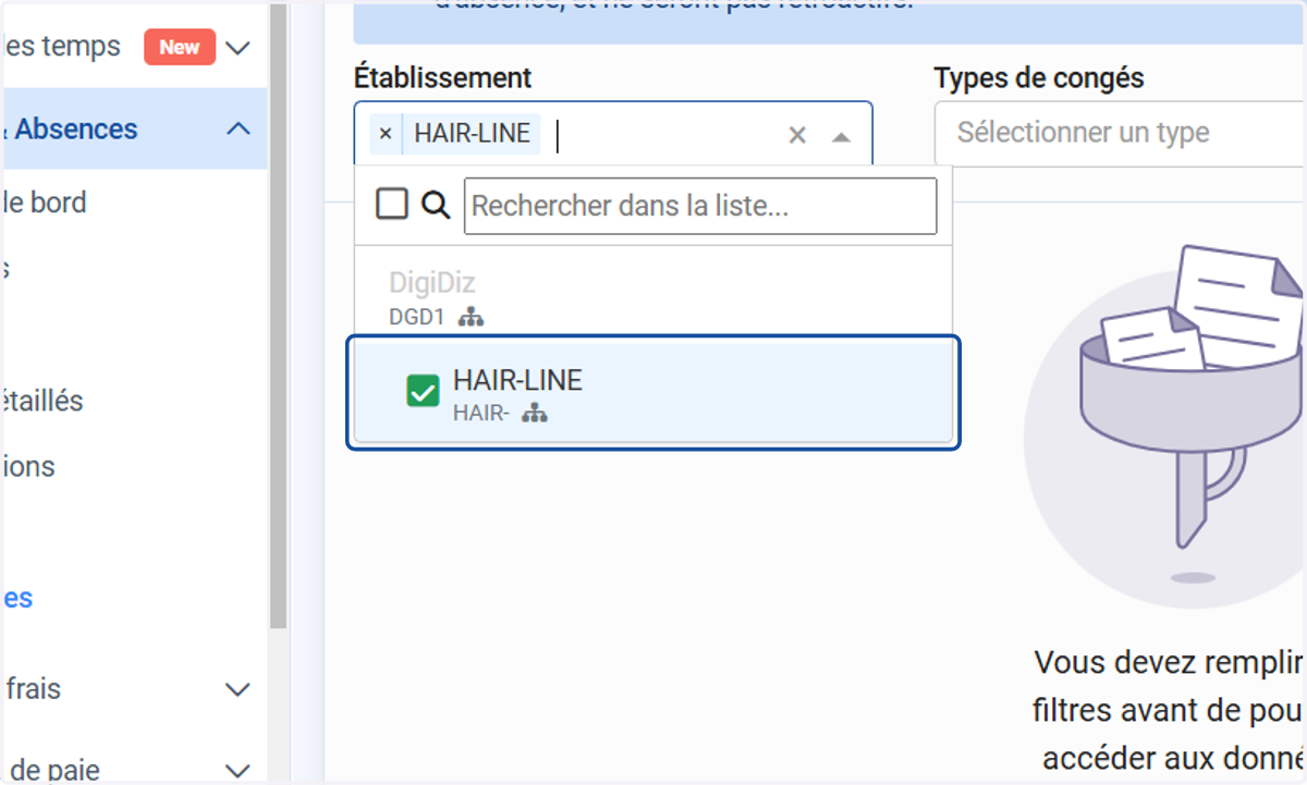 Choisir l'établissement concerné.