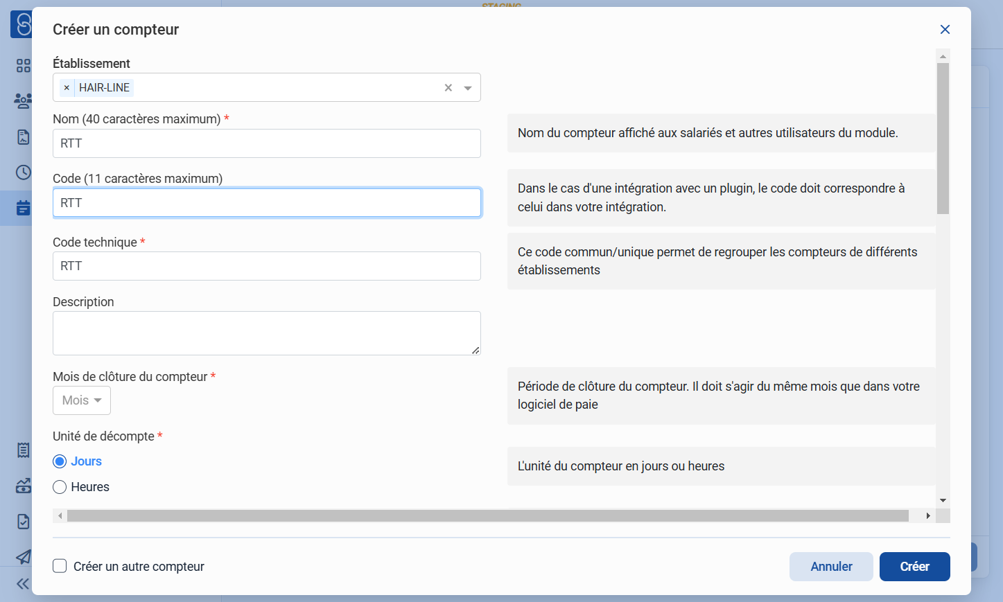 Renseigner le "Code" et "Code technique".