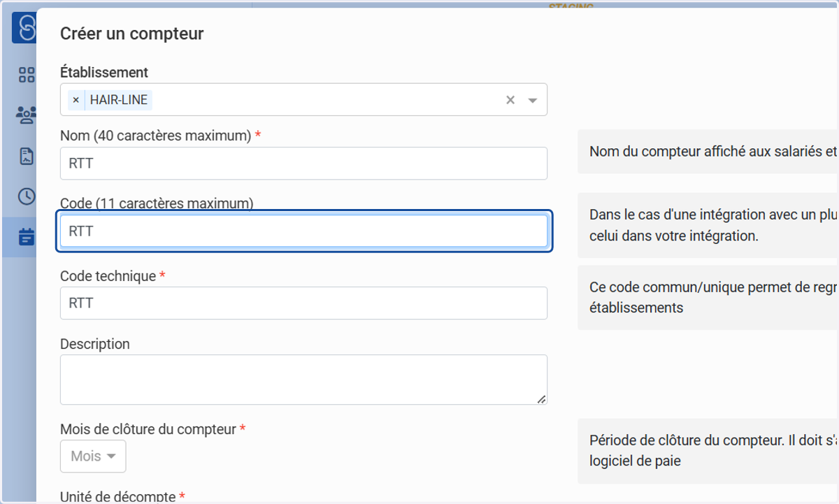 Renseigner le "Code" et "Code technique".