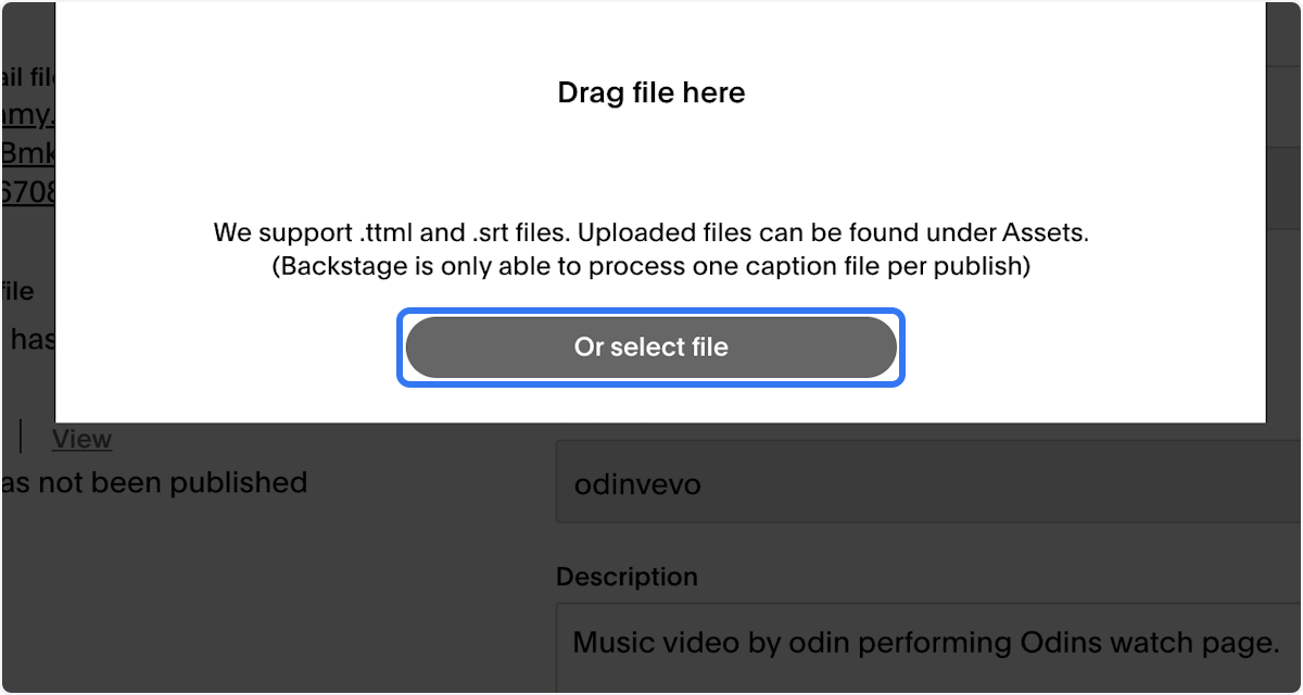 Either drag the caption file or click on Or select file to select a file from your computer 