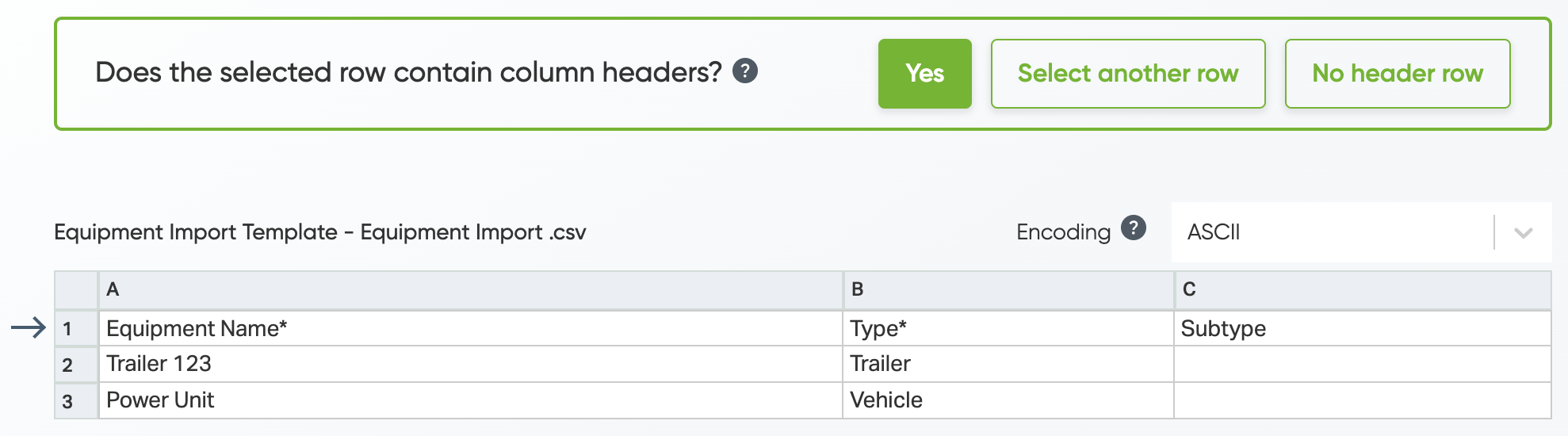 Confirm if the selected row contain column headers.