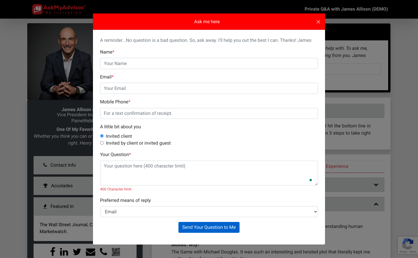 Click on Send Your Question to Me