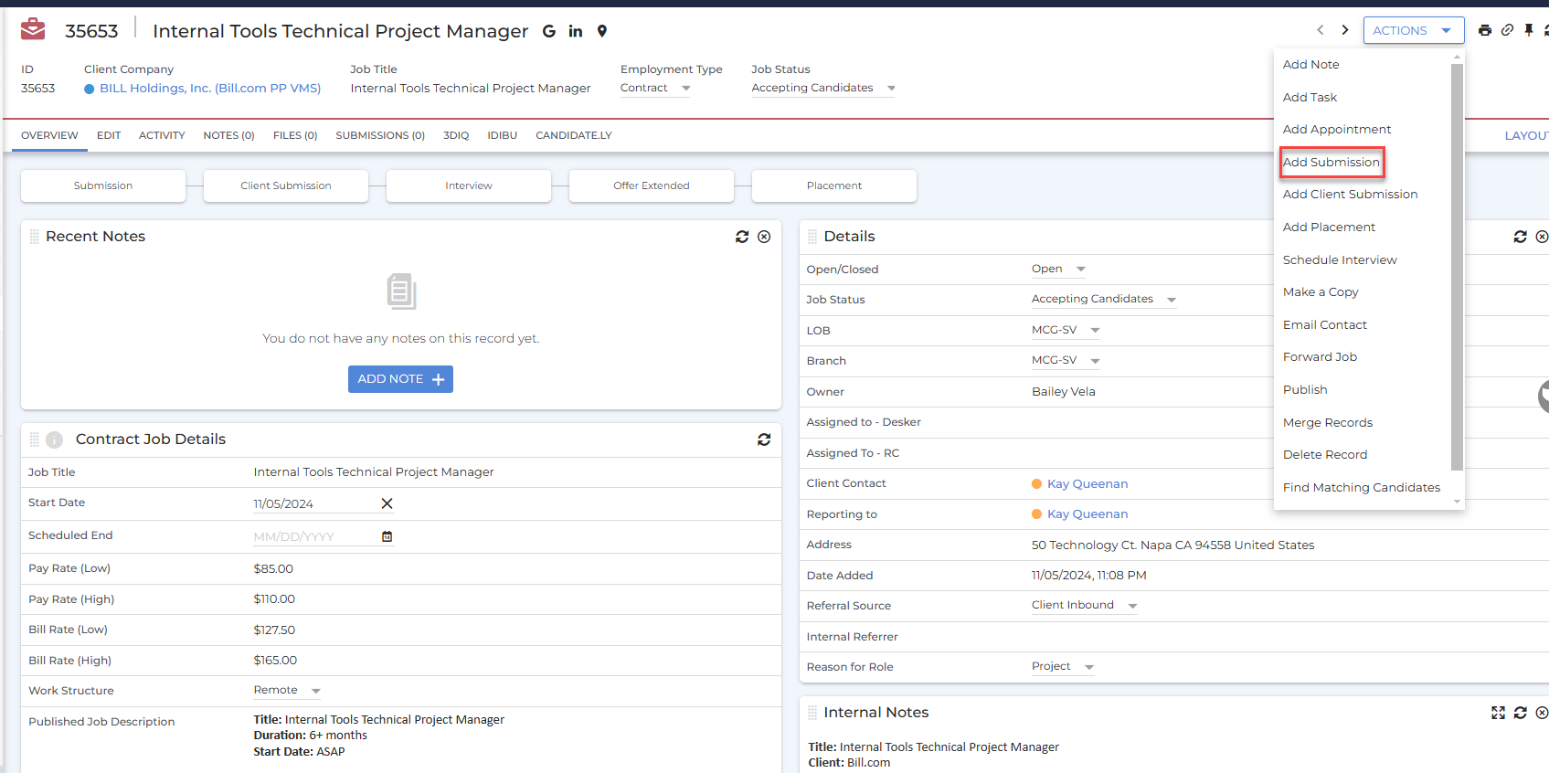 Navigate to the Job Record and Click on the "ACTIONS" menu and then click "Add Submission"