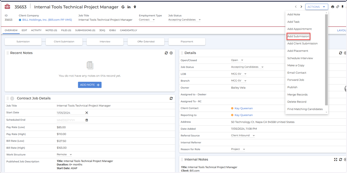 Navigate to the Job Record and Click on the "ACTIONS" menu and then click "Add Submission"