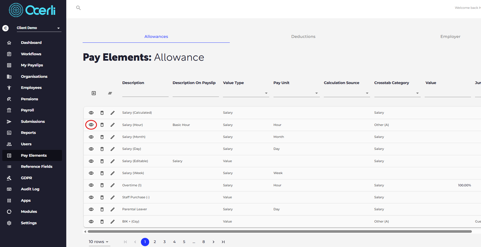 Click on the eye icon next to the pay element you want to update.