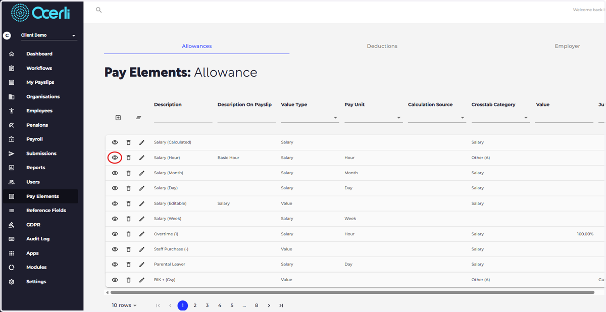 Click on the eye icon next to the pay element you want to update.