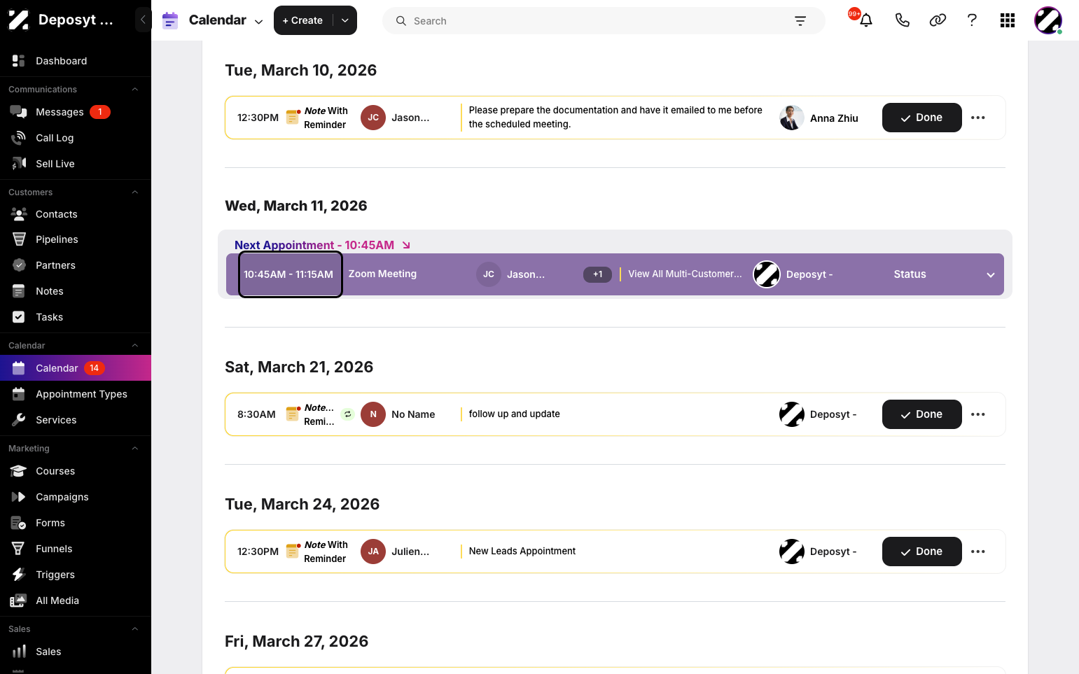 Step 3: Click the time or the event/service type to view the appointment details.