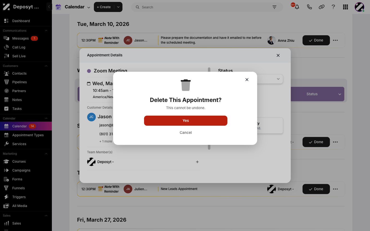 Step 6: Remember that deleting the appointment cannot be undone. Click Yes if you are sure you want to delete it.