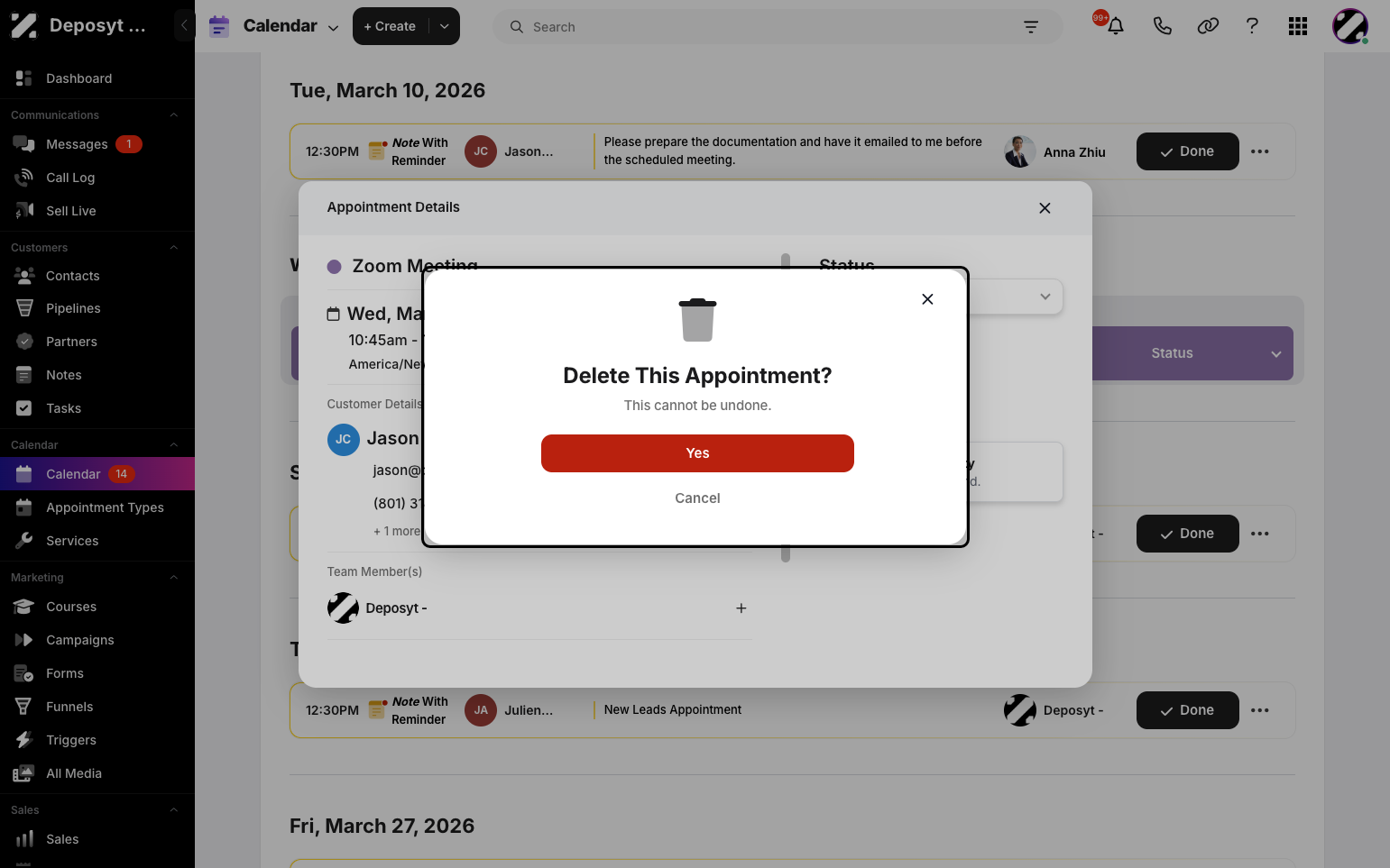 Step 6: Remember that deleting the appointment cannot be undone. Click Yes if you are sure you want to delete it.