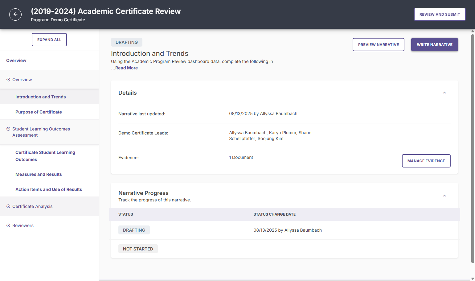Also repeat this process for the program's Analysis section, then stop. DO NOT enter any data for the Reviewer section - that is for external reviewers.