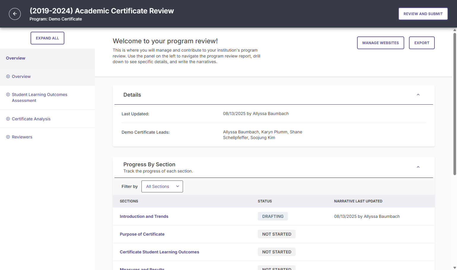 Click on the section of the program where you want to add/update information. For example, the first section is the "Overview". Click on it.