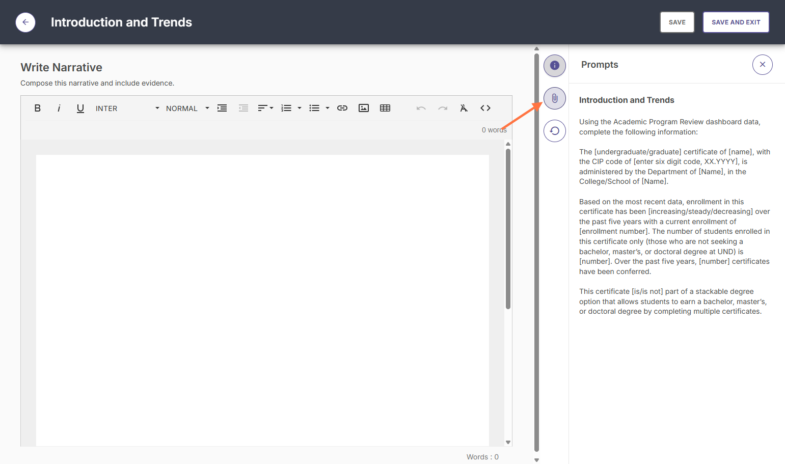 Click on the paper clip icon to manage evidence/upload files to your narrative.
