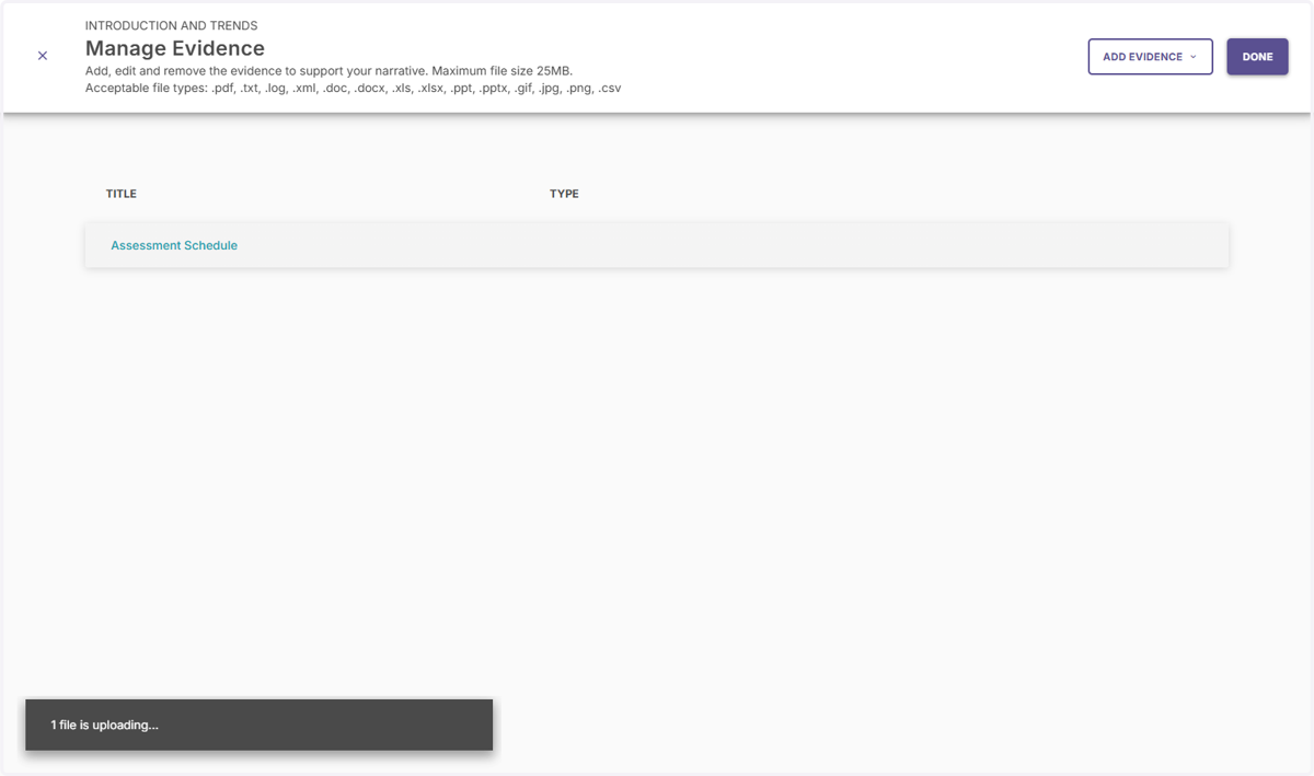 This screen shows all the evidence that has been attached to this section of the program review.