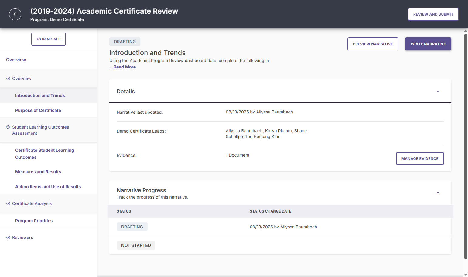 After the Overview, Students Learnings Outcomes Assessment, and program Analysis sections are complete, click REVIEW AND SUBMIT to complete your program review.